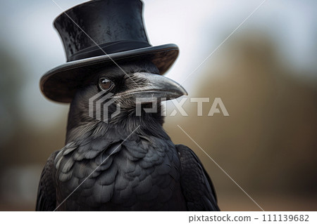 Black intelligent crow with hat, close-up view. Black Raven Wearing Top Hat. 111139682