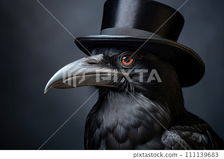 Black intelligent crow with hat, close-up view. 111139683