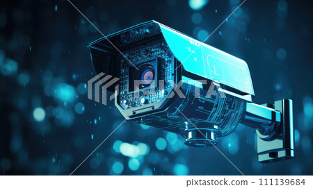 Modern CCTV camera with double exposure of cyber security interface. Concept of data protection. 111139684