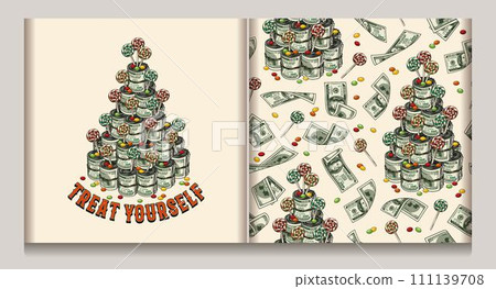 Seamless pattern, label with pyramid with money rolls, scattered candy, text Treat Yourself. Concept of success and wealth. Detailed illustration in vintage style. Not AI Seamless pattern, label with pyramid with money rolls, scattered candy, text Treat Yourself. Concept of success and wealth. Detailed illustration in vintage style. Not AI 111139708