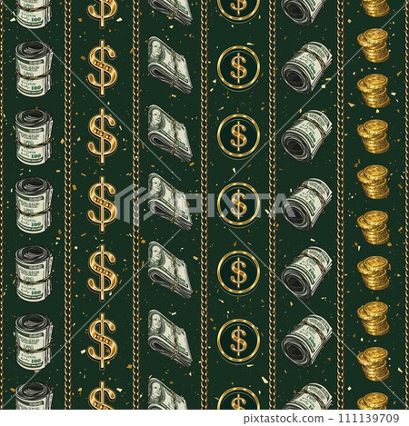 Money seamless pattern with dollar sign, coins, 100 dollar bills, jewelry gold chains. Geometric pattern with vertical stripes on dark green textured background. Vintage style. Not AI Money seamless pattern with dollar sign, coins, 100 dollar bills, jewelry gold chains. Geometric pattern with vertical stripes on dark green textured background. Vintage style. Not AI 111139709