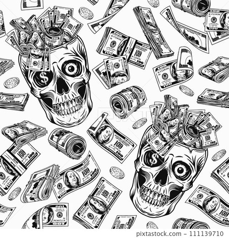 Black and white pattern with skull, cash money,100 dollar bills, coins. Skull without top like cup, bowl, vase. White background. For prints, clothing, t shirt, surface design. Vintage style. Not AI 111139710