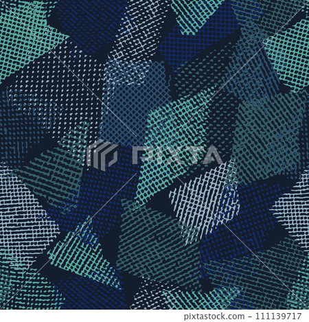 Seamless blue camouflage pattern with random scattered overlapping tulle pieces, patches. Mesh structure. Random composition. For apparel, fabric, textile, sport goods Grunge texture. Not AI 111139717