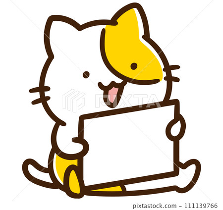 Deformed illustration of a cute cat character showing a white paper 111139766