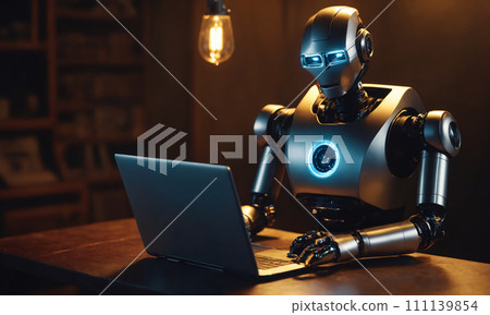 AI-generated content. AI Robot Working on a Laptop in Dim Light 111139854