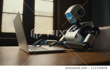AI-generated content. Advanced AI Robot Engaged in Computer Work AI-generated content. Advanced AI Robot Engaged in Computer Work 111139856