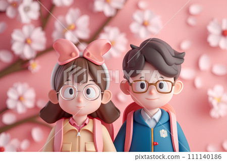 Cherry blossoms and elementary school boy and girl icons 111140186