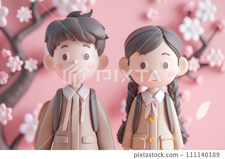 櫻花和小學男孩和女孩的圖標 櫻花和小學男孩和女孩的圖標 111140189