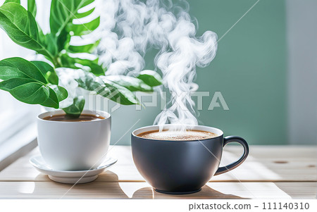A room with a calm atmosphere, with clay pots placed in front of the wall and curtains letting in natural light. Glass bottles, coffee, and various objects on a marble table 111140310
