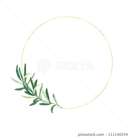 Golden circle frame, wreath with olive branch isolated on white background. For wedding stationery, invitations, save the date, greeting card, logos. Golden circle frame, wreath with olive branch isolated on white background. For wedding stationery, invitations, save the date, greeting card, logos. 111140334