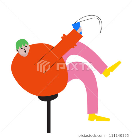 Modern artwork. Man falls down with cum of coffee from bar-stool. Cute character against white background. Cartoon style. Hand drawn Vector illustration. Modern artwork. Man falls down with cum of coffee from bar-stool. Cute character against white background. Cartoon style. Hand drawn Vector illustration. 111140335