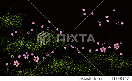 Mother-of-pearl cherry blossoms and colored sand on a black lacquer-like background, an image of the traditional Japanese craft "Maki-e" Mother-of-pearl cherry blossoms and colored sand on a black lacquer-like background, an image of the traditional Japanese craft "Maki-e" 111140347