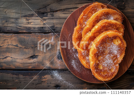 Traditional spanish torrijas for holy week. Top view. Copy space. Ai generative 111140357