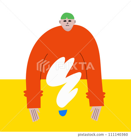 Modern artwork. Man wake up and want to drink cup of coffee. Cute character against white background. Cartoon style. Hand drawn Vector illustration. 111140360