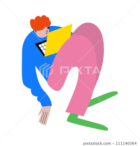 Modern artwork. Person watching movie on laptop. Cute character against white background. Cartoon style. Hand drawn Vector illustration. Modern artwork. Person watching movie on laptop. Cute character against white background. Cartoon style. Hand drawn Vector illustration. 111140364