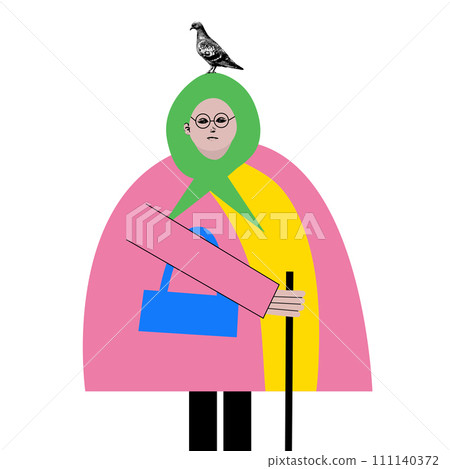 Modern artwork. Mature woman with pigeon on head. Cute character against white background. Cartoon style. Hand drawn Vector illustration. 111140372