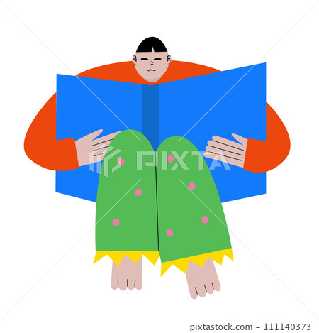 Modern artwork. Person sitting and reading book. bookworm. Cute character against white background. Cartoon style. Hand drawn Vector illustration. 111140373