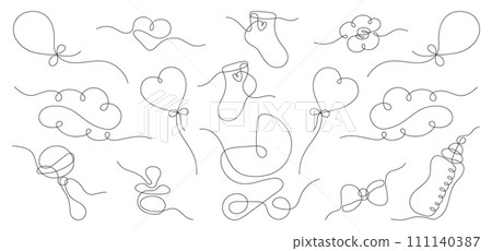 Baby Shower Set in line art style isolated on white background. Baby items set in one line art style. Set of baby bottle, pacifier, beanbag, socks, baby stroller, bow, flower, clouds. Vector Baby Shower Set in line art style isolated on white background. Baby items set in one line art style. Set of baby bottle, pacifier, beanbag, socks, baby stroller, bow, flower, clouds. Vector 111140387