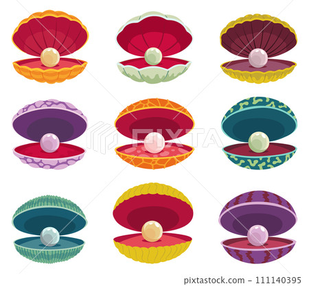 Pearls in seashell. Open seashells scallop and pearl shell icons set in various form and colors. Beautiful pearls in clam shells in cartoon flat style. Vector illustration isolated on white background Pearls in seashell. Open seashells scallop and pearl shell icons set in various form and colors. Beautiful pearls in clam shells in cartoon flat style. Vector illustration isolated on white background 111140395