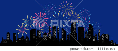 Fireworks displaying in dark evening sky and celebrating holiday against city buildings. Festival celebration, pyrotechnics show at night scene. Flat cartoon colorful vector illustration Fireworks displaying in dark evening sky and celebrating holiday against city buildings. Festival celebration, pyrotechnics show at night scene. Flat cartoon colorful vector illustration 111140404