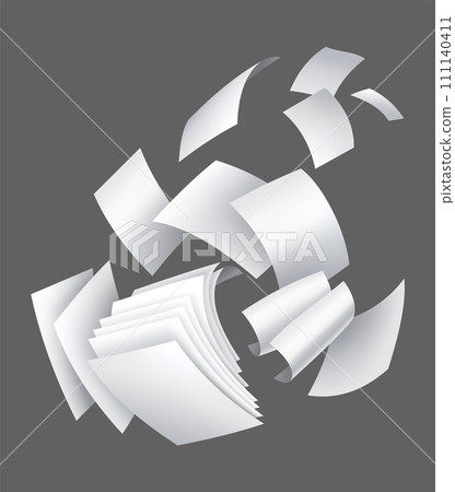 Realistic falling paper sheets. Set of flying curved leaves of paper. Vector loose soar of notes with curled edges. Fly scattered notes, empty chaotic paperwork 111140411