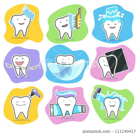 Teeth care treatment and hygiene concepts set. Healthy happy teeth. Vector illustration Teeth care treatment and hygiene concepts set. Healthy happy teeth. Vector illustration 111140417