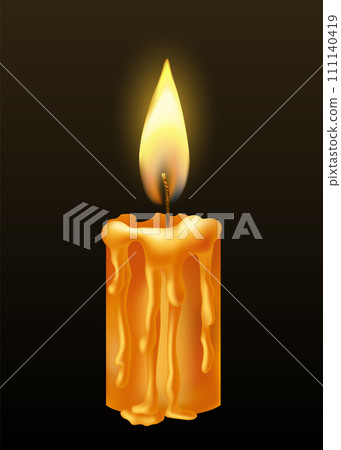 Burning candle with dripping or flowing wax. Yellow candle with golden flame. Lit and melted wax. Illustration of beautiful glowing candle on dark background 111140419
