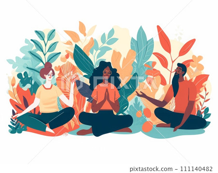 Group of diverse people practicing spiritual mindfulness, yoga and meditation in a relaxing setting 111140482
