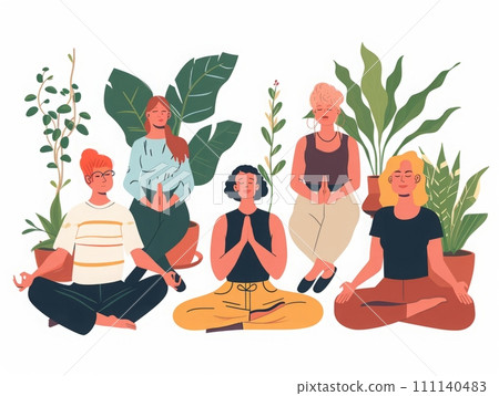 Group of diverse people practicing spiritual mindfulness, yoga and meditation in a relaxing setting Group of diverse people practicing spiritual mindfulness, yoga and meditation in a relaxing setting 111140483