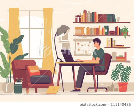 Freelancer performing remote work from home with laptop connectivity 111140486