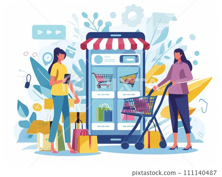 Shopping with credit card in shopping mall. Home delivery through kiosk Shopping with credit card in shopping mall. Home delivery through kiosk 111140487