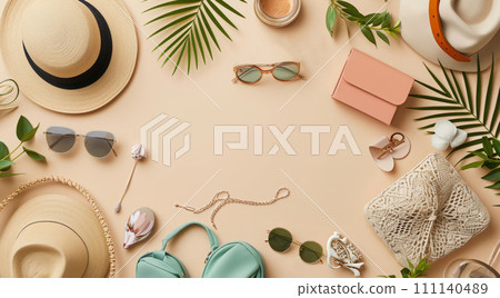 Stylish fashion vacation accessories in flat lay for vacation on beach in warm countries Stylish fashion vacation accessories in flat lay for vacation on beach in warm countries 111140489