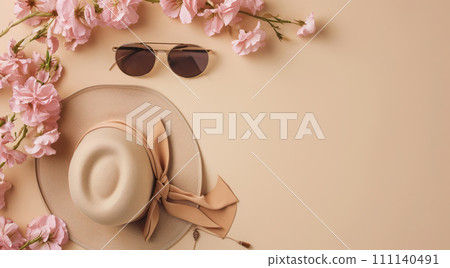 Stylish fashion vacation accessories in flat lay for vacation on beach in warm countries Stylish fashion vacation accessories in flat lay for vacation on beach in warm countries 111140491