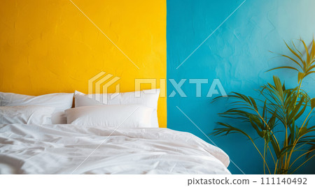 Vibrant bedroom in urban modern condo painted in bright colors with minimalistic approach Vibrant bedroom in urban modern condo painted in bright colors with minimalistic approach 111140492