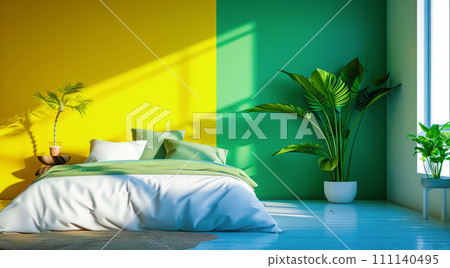 Vibrant bedroom in urban modern condo painted in bright colors with minimalistic approach 111140495