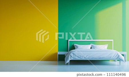 Vibrant bedroom in urban modern condo painted in bright colors with minimalistic approach Vibrant bedroom in urban modern condo painted in bright colors with minimalistic approach 111140496