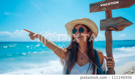 Sign pointing to the direction of vacation destination with scenic beach and ocean 111140500