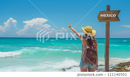 Sign pointing to the direction of Mexico with scenic beach and ocean in the background 111140501
