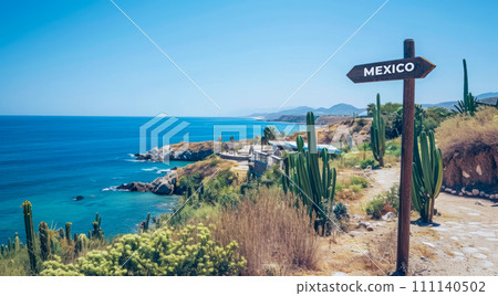 Sign pointing to the direction of Mexico with scenic beach and ocean in the background Sign pointing to the direction of Mexico with scenic beach and ocean in the background 111140502
