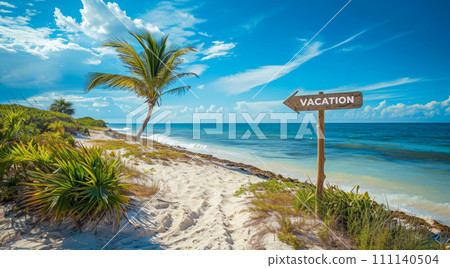 Sign pointing to the direction of vacation destination with scenic beach and ocean 111140504