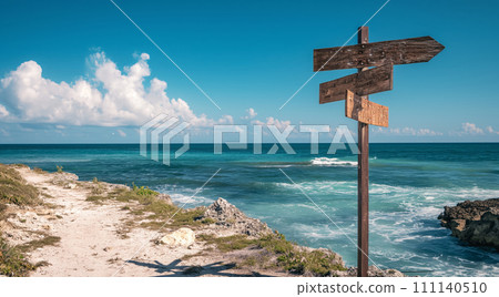 Sign pointing to the direction of vacation destination with scenic beach and ocean Sign pointing to the direction of vacation destination with scenic beach and ocean 111140510