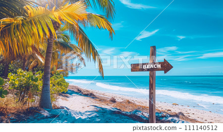 Sign pointing to the direction of vacation destination with scenic beach and ocean Sign pointing to the direction of vacation destination with scenic beach and ocean 111140512