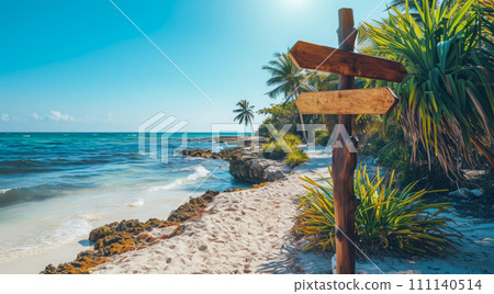 Sign pointing to the direction of vacation destination with scenic beach and ocean Sign pointing to the direction of vacation destination with scenic beach and ocean 111140514