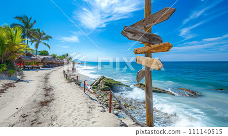 Sign pointing to the direction of vacation destination with scenic beach and ocean Sign pointing to the direction of vacation destination with scenic beach and ocean 111140515
