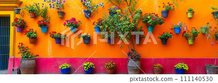 Typical architecture of Mexican colonial colorful houses in historic city center Typical architecture of Mexican colonial colorful houses in historic city center 111140530