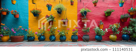 Typical architecture of Mexican colonial colorful houses in historic city center Typical architecture of Mexican colonial colorful houses in historic city center 111140531
