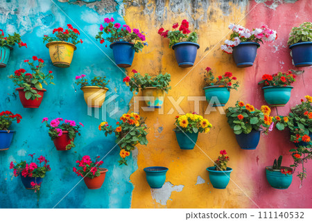 Typical architecture of Mexican colonial colorful houses in historic city center 111140532