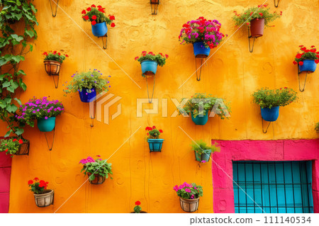 Typical architecture of Mexican colonial colorful houses in historic city center Typical architecture of Mexican colonial colorful houses in historic city center 111140534