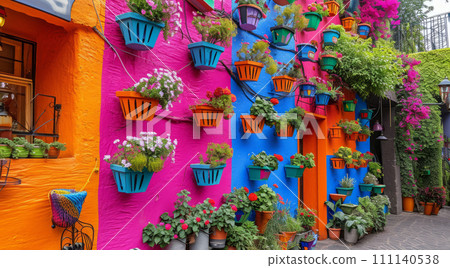 Typical architecture of Mexican colonial colorful houses in historic city center Typical architecture of Mexican colonial colorful houses in historic city center 111140538