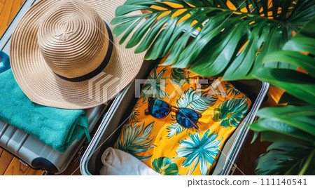 Going on beach vacation and making holiday plans, packing and purchasing tickets for dream vacation 111140541